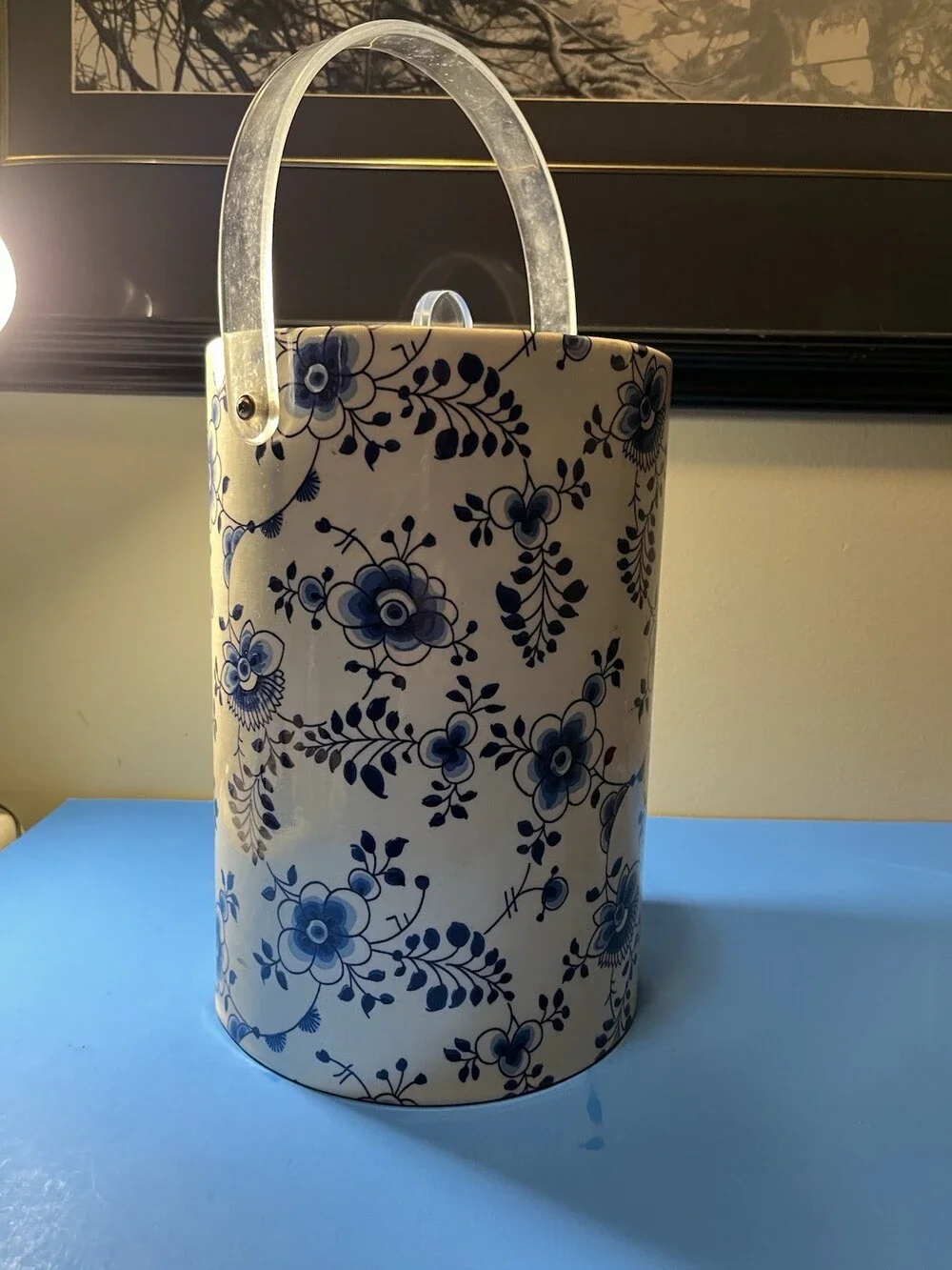 Vintage Tall White & Blue Floral Ice Bucket , Delft Blue